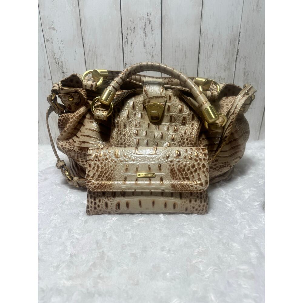 Brahmin Crocodile embossed Large shoulder women bag and wallet champagne.